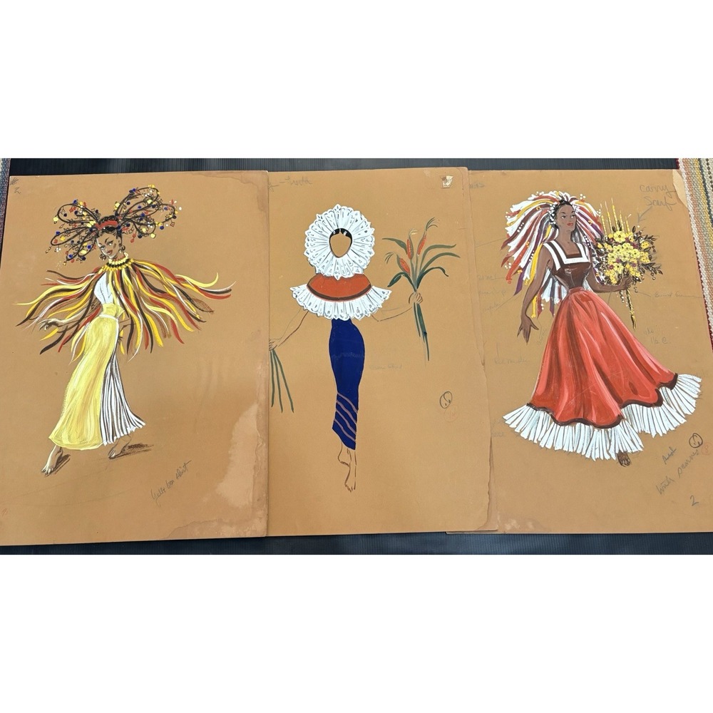 3 Vintage 1940s 1950s Movie Costume Sketches gouache Painting On Board Pinup